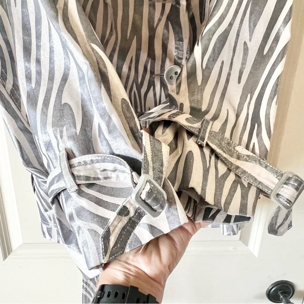 Lisa International Silver Metallic Zebra Print Double Breasted Belted Jacket M